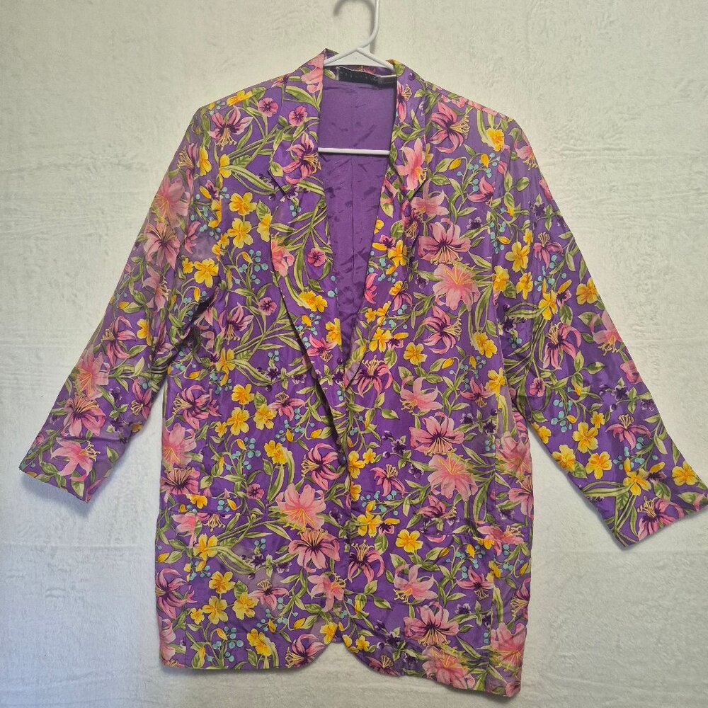 Vintage 80s 90s Restless Clothiers Silk Blazer Sz M Floral Bloomcore Fairycore